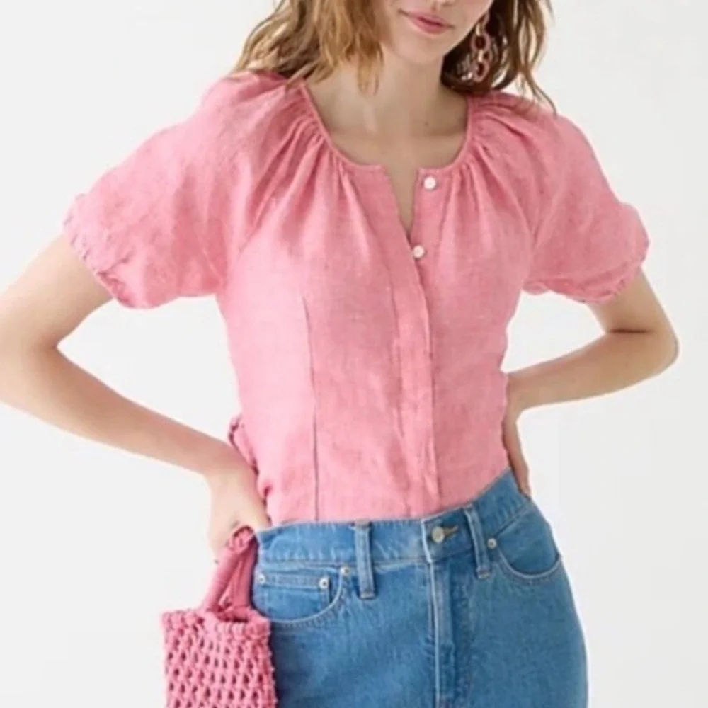 J. Crew Pink Linen Puff Sleeve Top Women's 4 Tie Back Beach Resort
